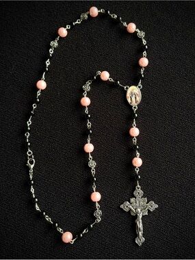 Ethereal Pink & Silver Rosary Necklace